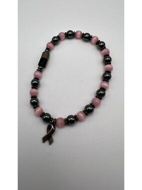 Pink & Black Awareness Ribbon Beaded Bracelet With Magnetic Clasp